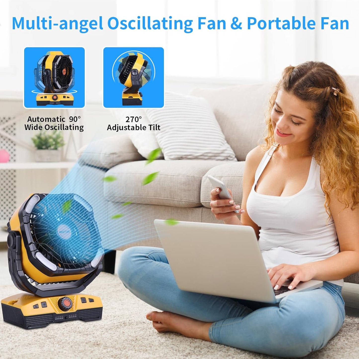 Camping Fan 20000mAh Rechargeable Battery Operated fan Outdoor Tent Fan with Light & Hook 270° Pivot, knob Speeds, Personal fan USB Desk Fan for Camping Power Outage Yellow X68