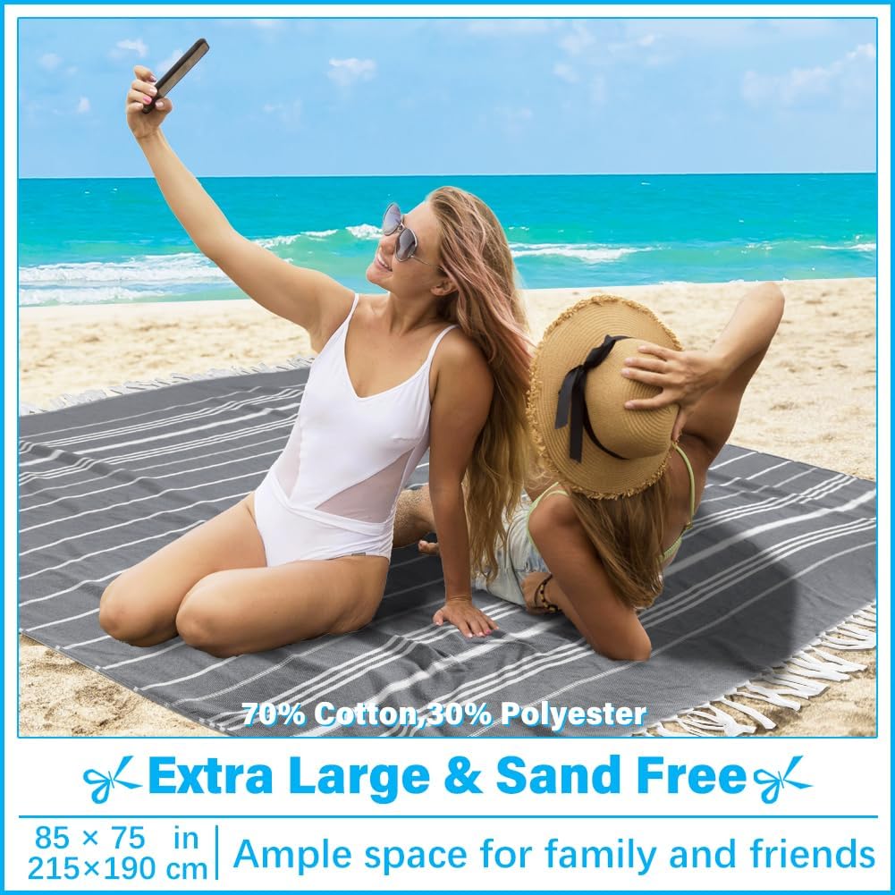 Oversized Turkish Beach Towel Blanket XXL Cotton Sandproof Towels Boho Woven Extra Large Big Sand Free Giant Throw Thick Blankets Huge Quilt XL Picnic Camping Necessities Cloud For Adult Gifts Black