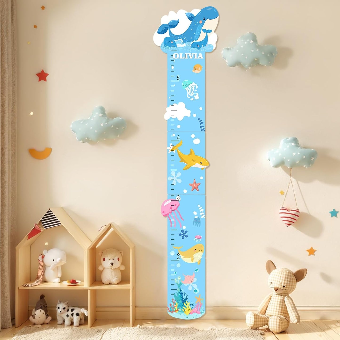 Personalized Name Marine Animals Wooden Growth Chart for Kids-Height Measurement for Wall Girls Boys Teen Room Wall Decor 62.7" x 14"