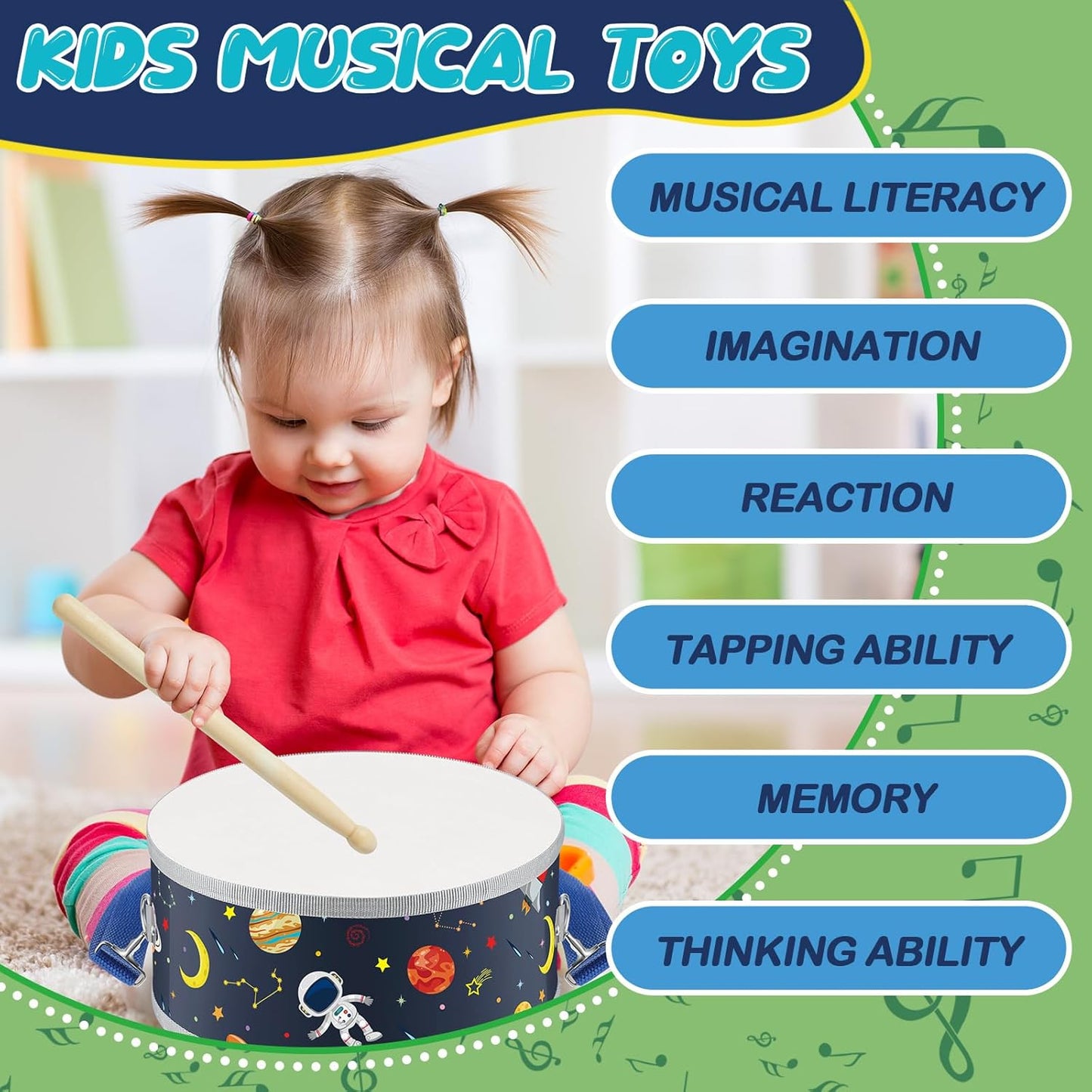 Boao 2 Pcs Kids Drum Set, 8 Inch Toddler Drum Wooden Toy with Adjustable Strap and 4 Drumsticks, Educational Sensory Musical Instrument for Toddlers Kid Baby Boys Girls Gift (Dinosaur)