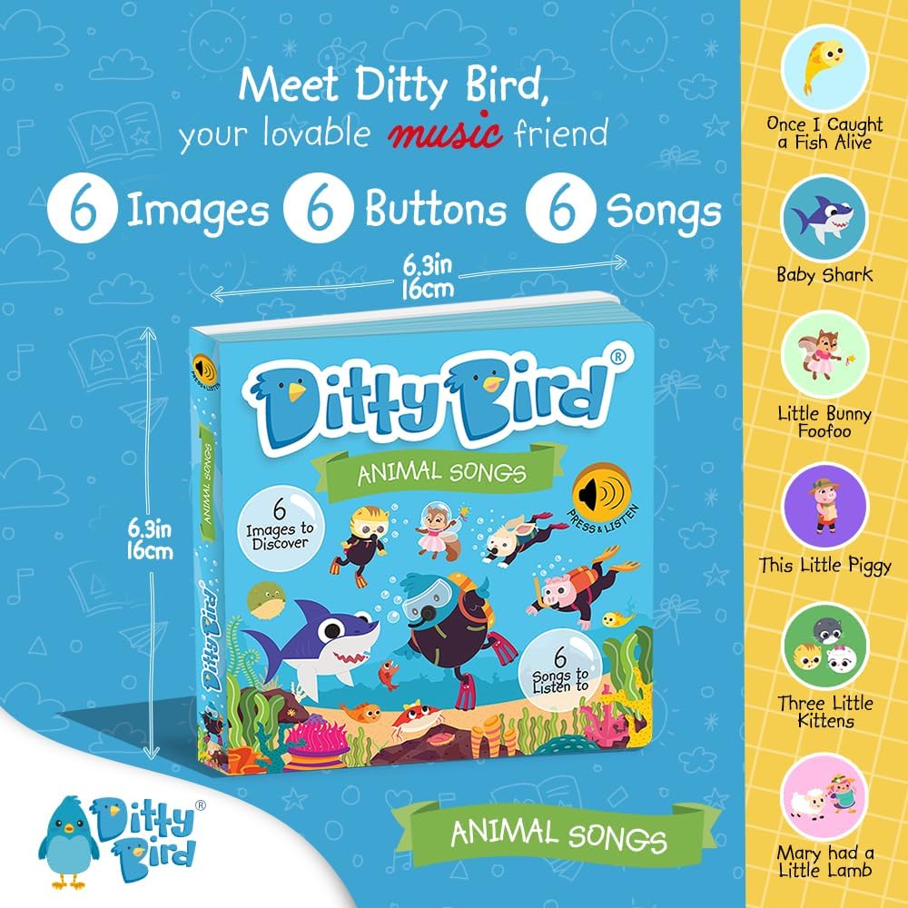 Ditty Bird Animal Songs Book for Toddlers – Interactive Sound Book with Baby Shark & More | Musical Board Book for 1-3 Year Olds | Fun, Realistic Animal Sounds | Sturdy Sensory Book for Baby