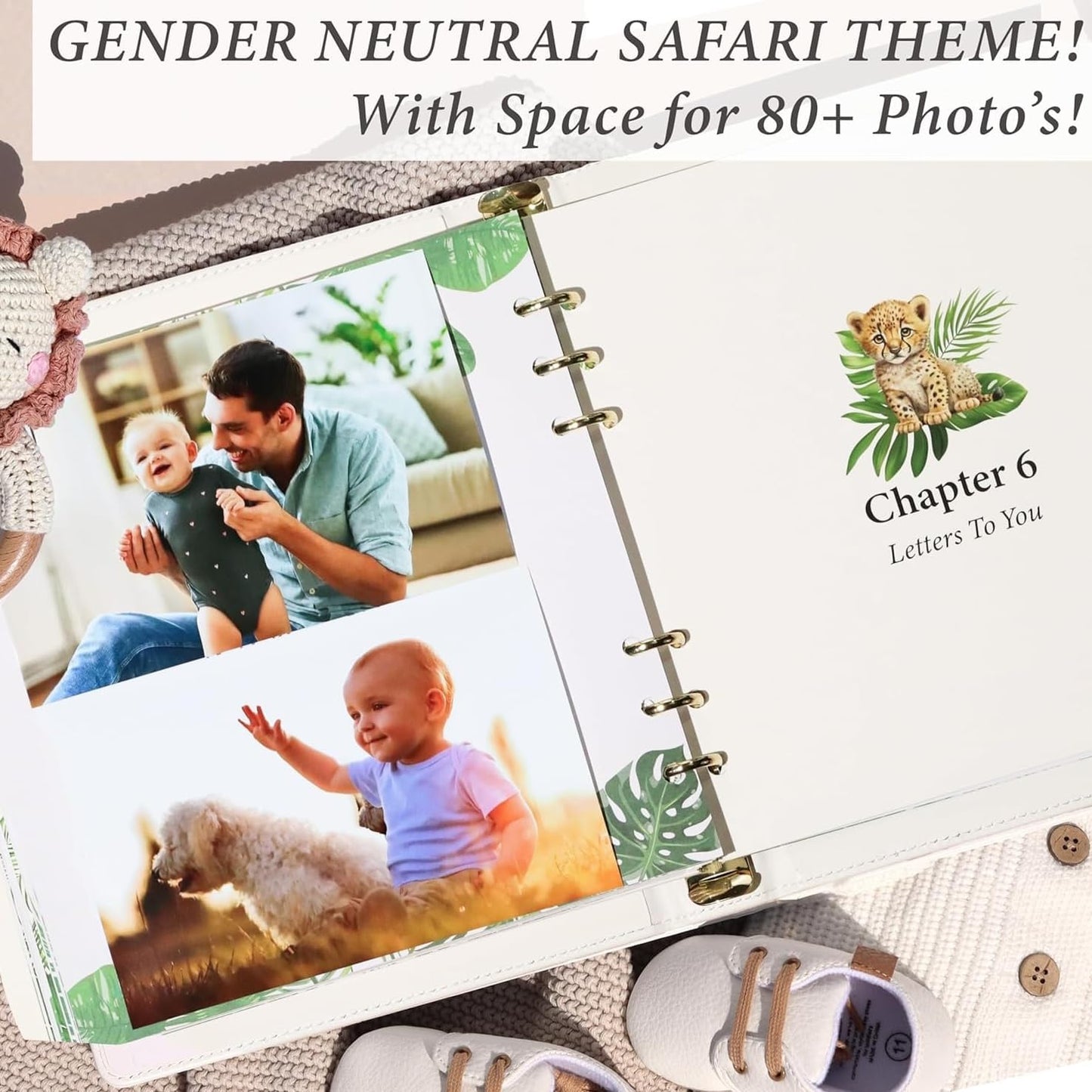 Personalized Faux Leather Baby Memory Book Keepsake for Boy or Girl - Enter any Name w/Gold Foil Stamp for Special Touch I First 5 Year I Gender Neutral, Safari Theme - Baby First Year Book