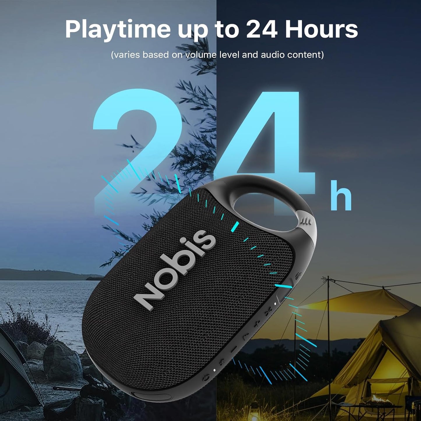 NOBIS Clip N1 Portable Bluetooth Speaker with App, Beat Mode, Up to 24H Playtime, IP68 Waterproof, BT 5.3, HD Sound, Stereo Pairing, Custom EQ, Perfect for Outdoor, Home and Adventure (Black)