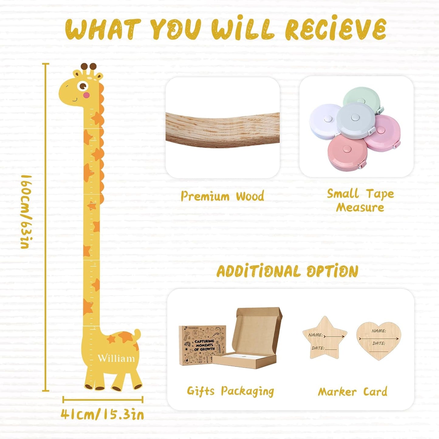 Personalized Name Growth Chart for Kids – Giraffe Height Chart for Boys and Girls, Wooden Height Chart Measuring Board 63" x 15.3"