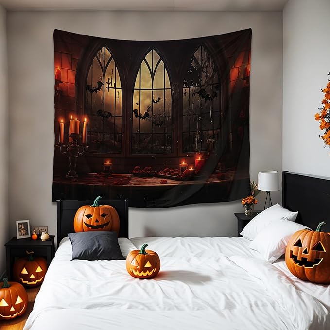 QGHOT Halloween Tapestry Wall Hanging Horror Castle Window Tapestry Gothic Spooky Backdrop Vampire Medieval Tapestries for Bedroom Living Room Dorm Wall Art Decor (59.1"x51.2")