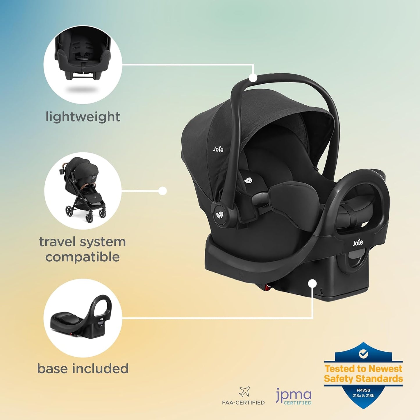 Joie Rue Lightweight Infant Car Seat & Anti-Rebound Base –Side-Impact Protection, 5-Point Harness, and UPF 50+ Canopy for Newborns and Infants (Shale)