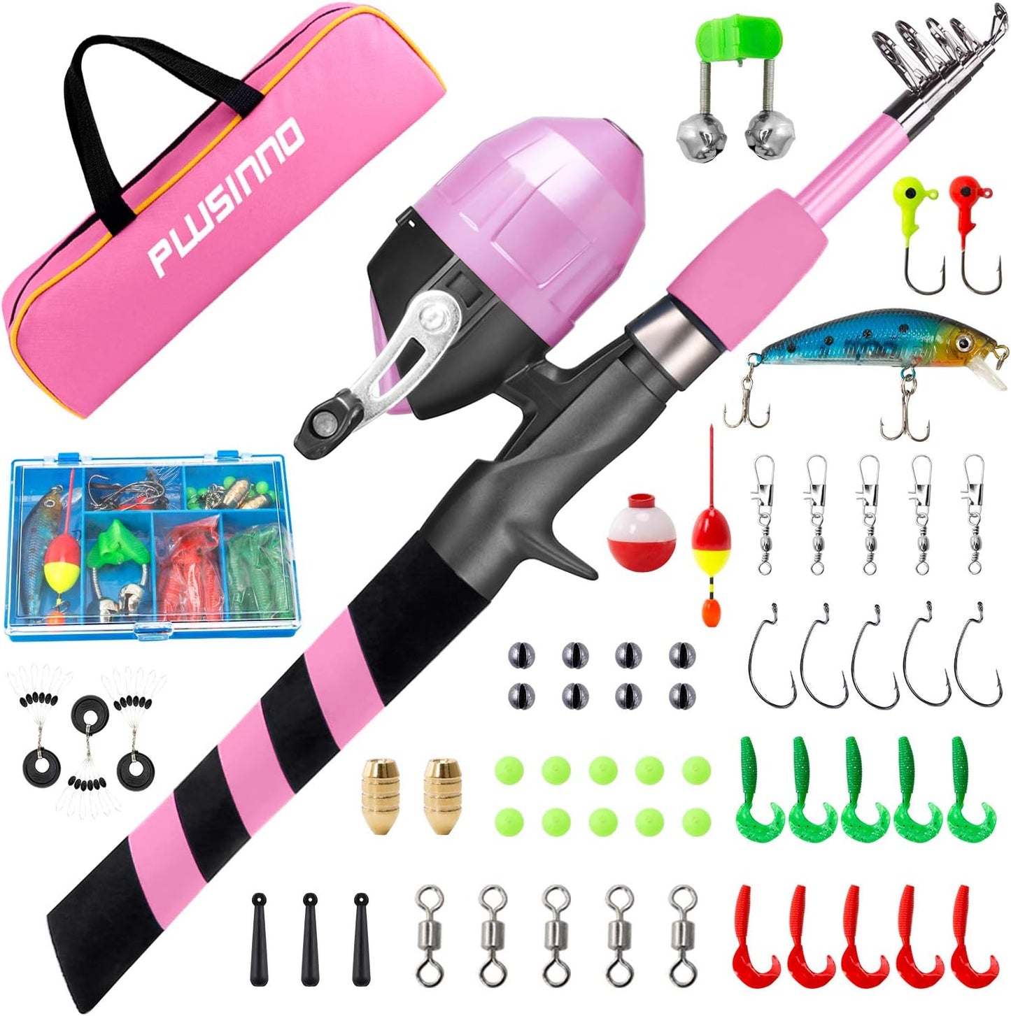 PLUSINNO Kids Fishing Pole, Portable Telescopic Fishing Rod and Reel Combo Kit - with Spincast Fishing Reel Tackle Box for Boys, Girls, Youth