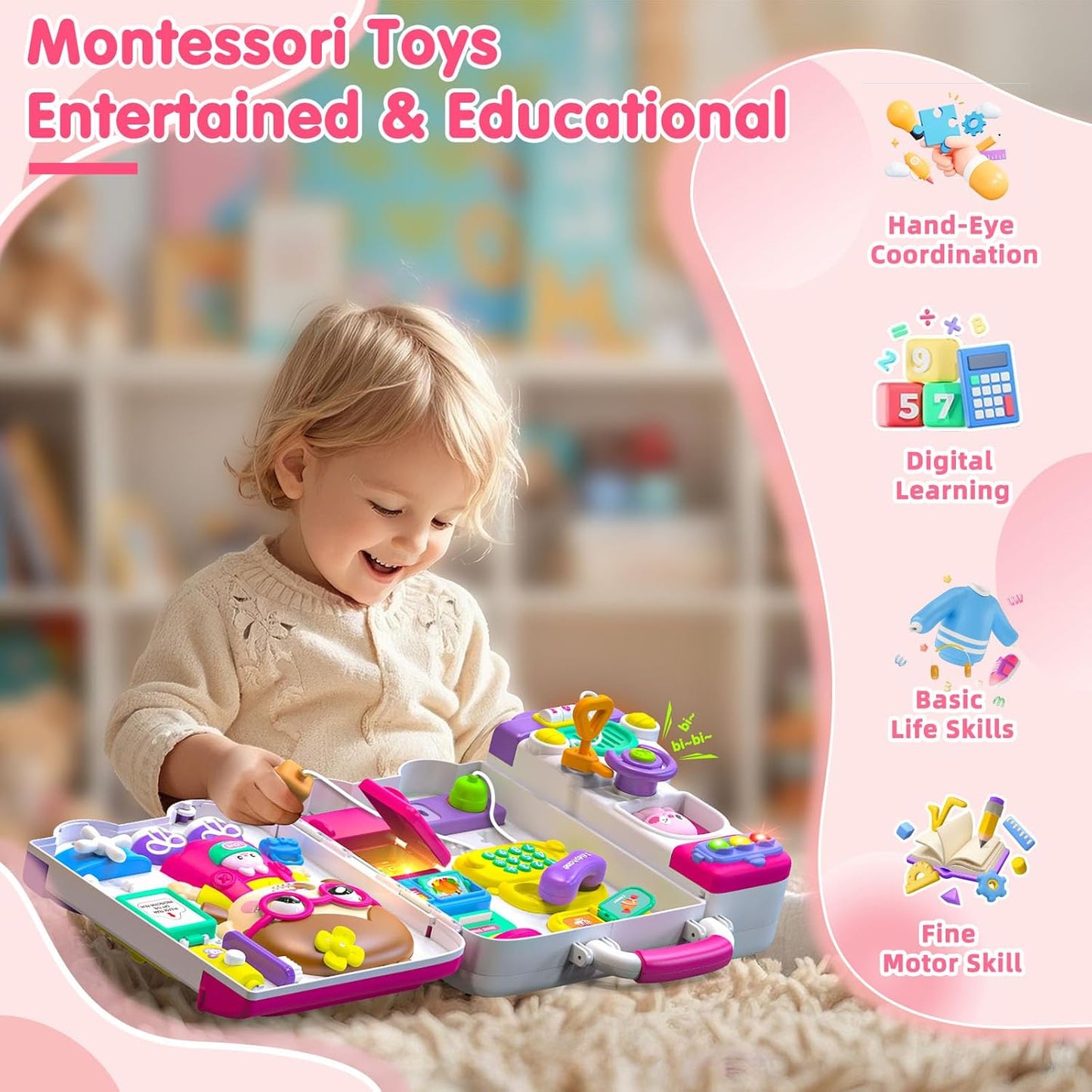 Baby Montessori Busy Board for 1-2 Year Old Boy Girl Gift,Musical Toddler Toys for 1+ Year Old,Early Educational Montessori Toy for Toddlers 1-3,Birthday Gifts for 1+Year Old Girl