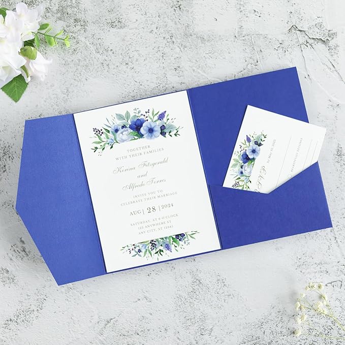 20 PCS Royal Blue Tri-fold Laser Cut Wedding Invitation Pockets for 5x7 Wedding Cards Bridal Shower Engagement Quinceanera Invitation