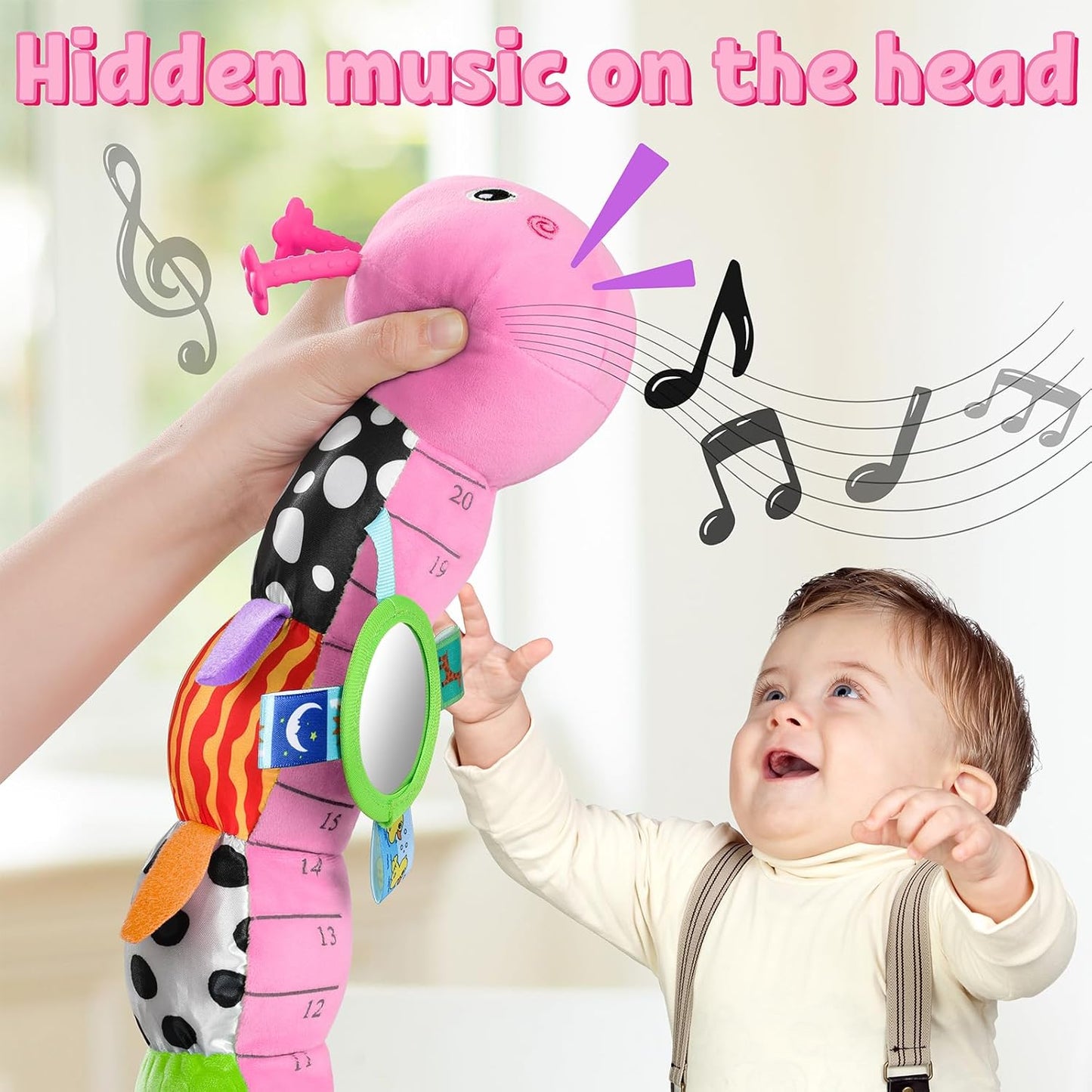 LIGHTDESIRE Baby Toys Musical Caterpillar,Infant Toys Stuffed Animals with Ruler Design,Mirror,Pull String&Ring Bell,Baby Teething Toys for Tummy Time Toys Newborn Gifts 3 6 12 Months(Pink,Leafy Limb)