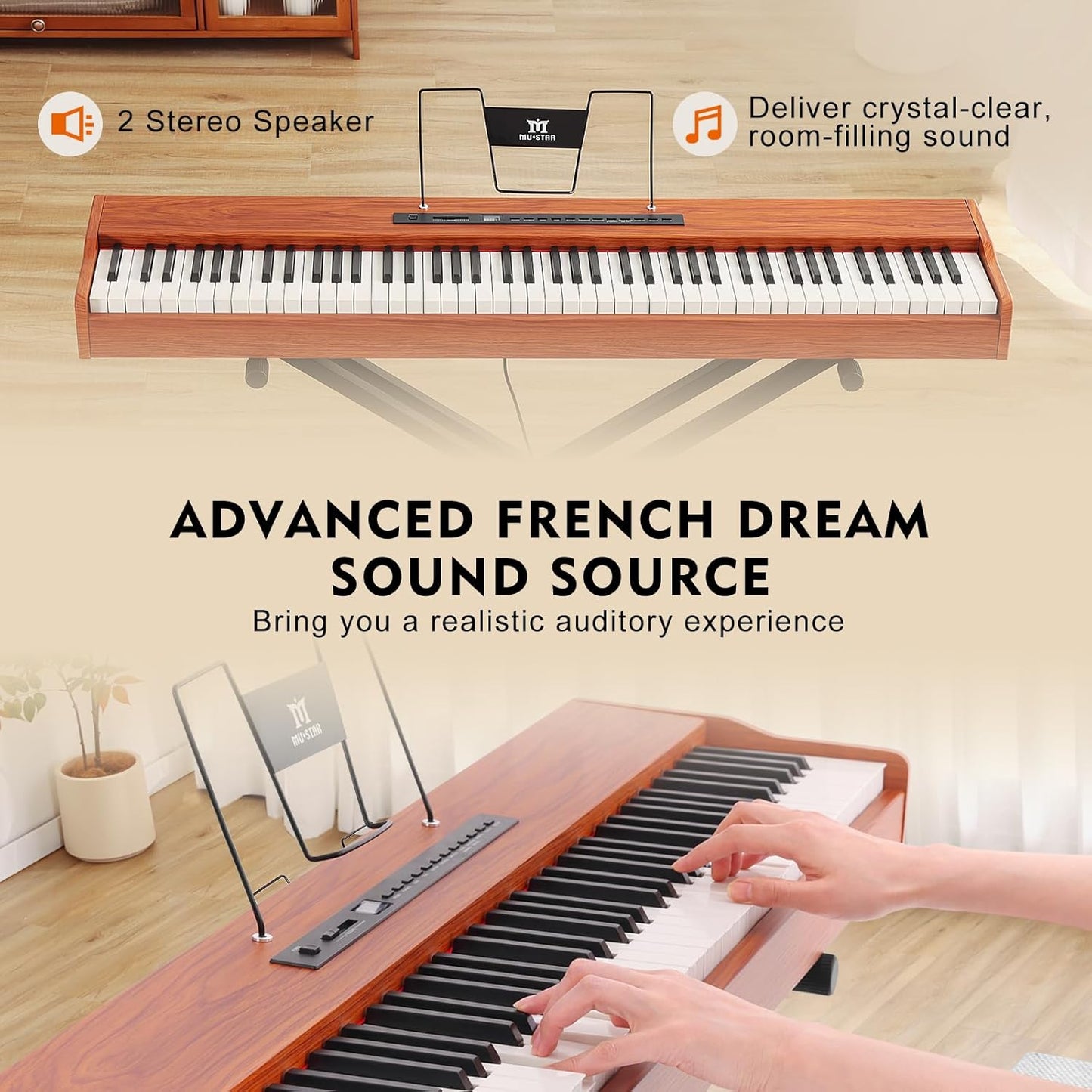 MUSTAR Digital Piano 88 Weighted Keys with Stand Touch Sensitivity, 88 Key Semi Weighted Keyboard Piano Portable Electric Piano for Beginners, Dual Stereo Speakers, Case, Sustain Pedal (Brown-MDF)