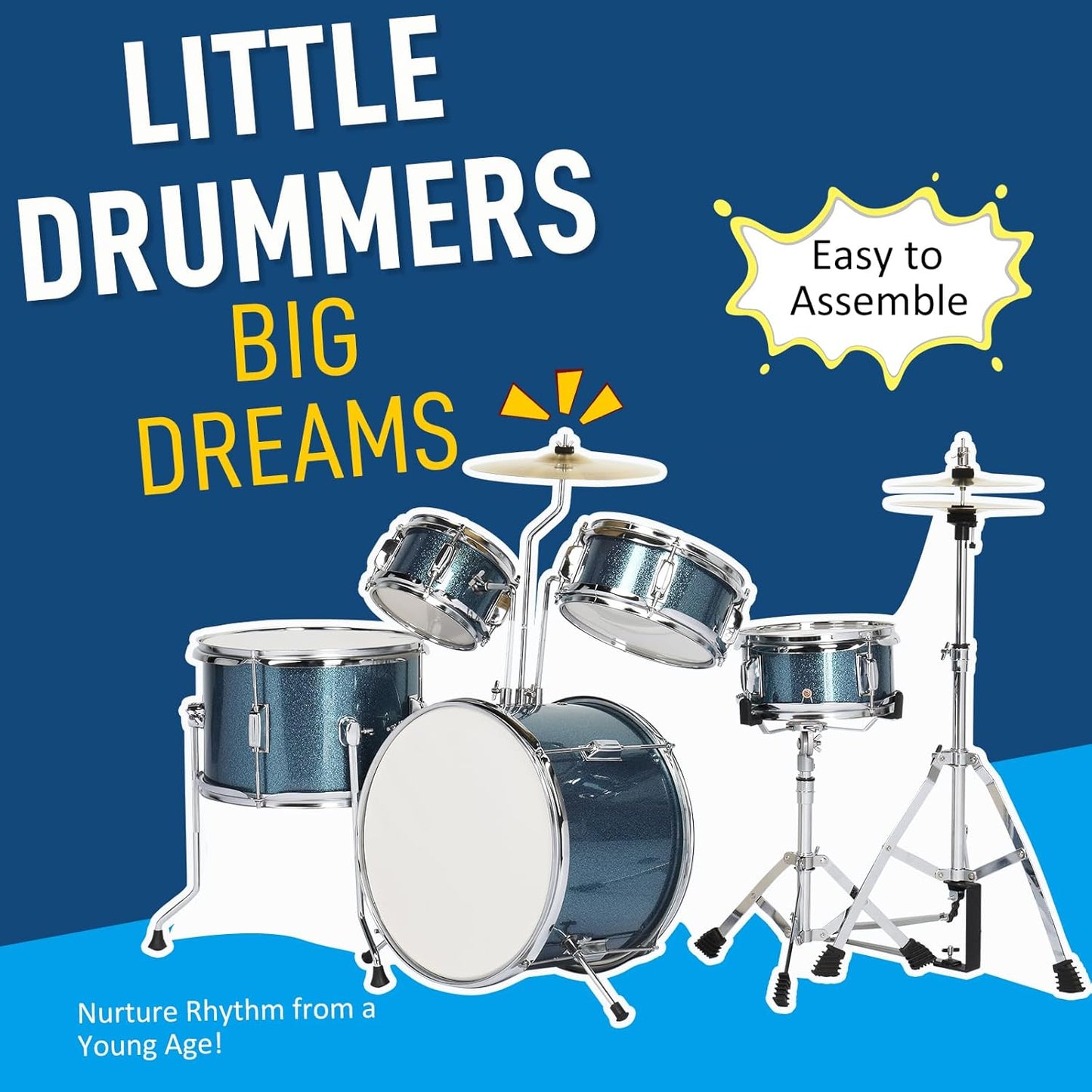 Ktaxon 5-Piece Complete Junior Drums Set, 14 Inch Beginners Drum Kit with Throne Stool, Pedal & Drumsticks, Kids Drums Musical Instruments W/Cymbal, Hi-Hat, Floor, Tom and Snare Drum (Blue)
