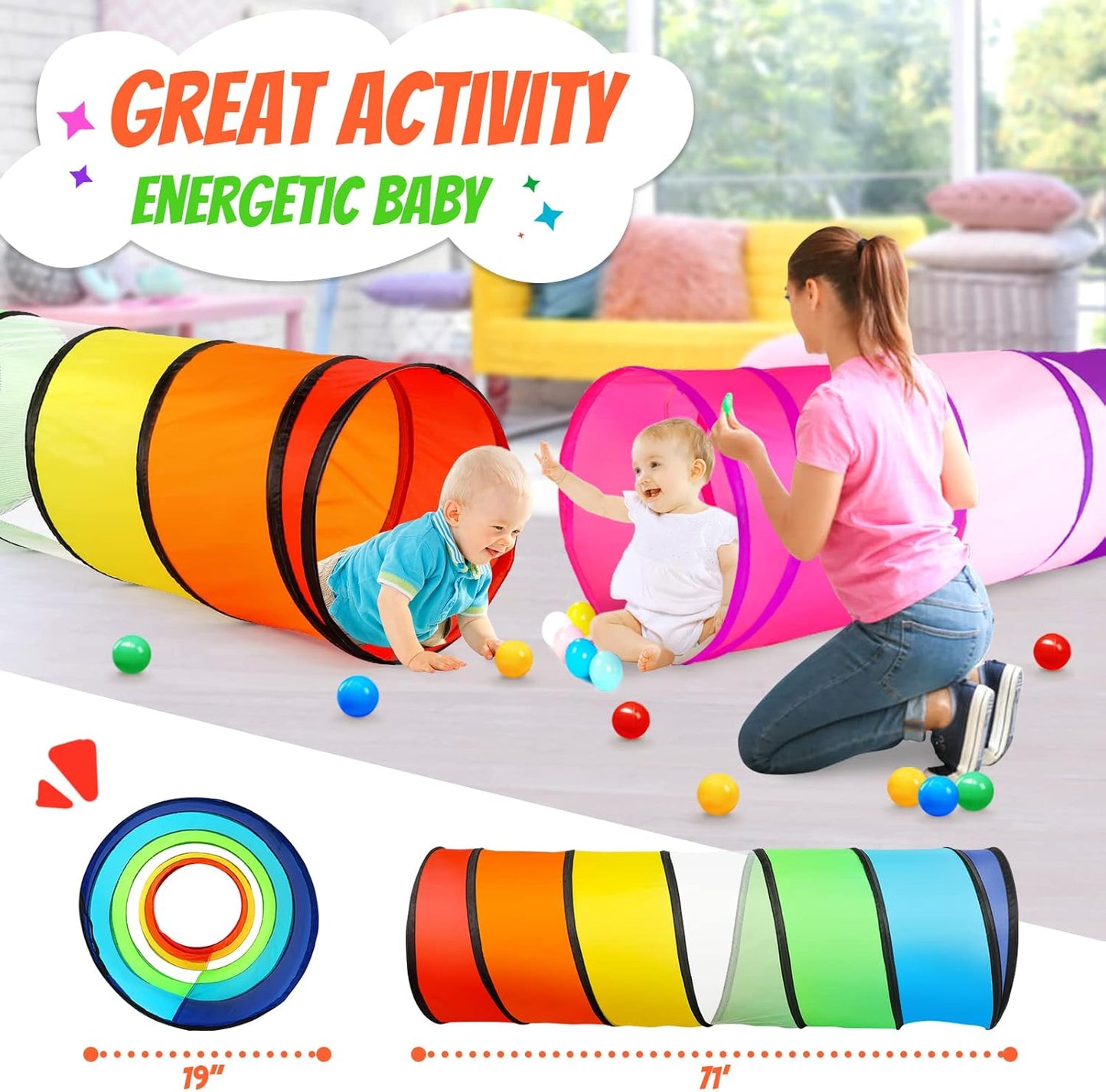 Kids Play Tunnel Tent for Toddler, 2 Pack 6-ft Pop Up Crawl Tunnel Toy for Baby Children or Dog Cat, Collapsible Gift for Boy and Girl Play Tunnel Indoor Outdoor Game (Rainbow Tunnel+Pink Tunnel)