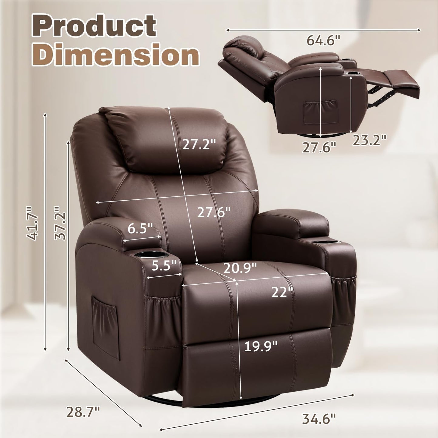 Recliner Chair, 360° Swivel Rocker Chair for Adults, Rocking Recliner Chair with Massage, Comfy Single Sofa with Side Pockets Cup Holders for Living Room, Bedroom, Nursery (Leather, Dark Brown)