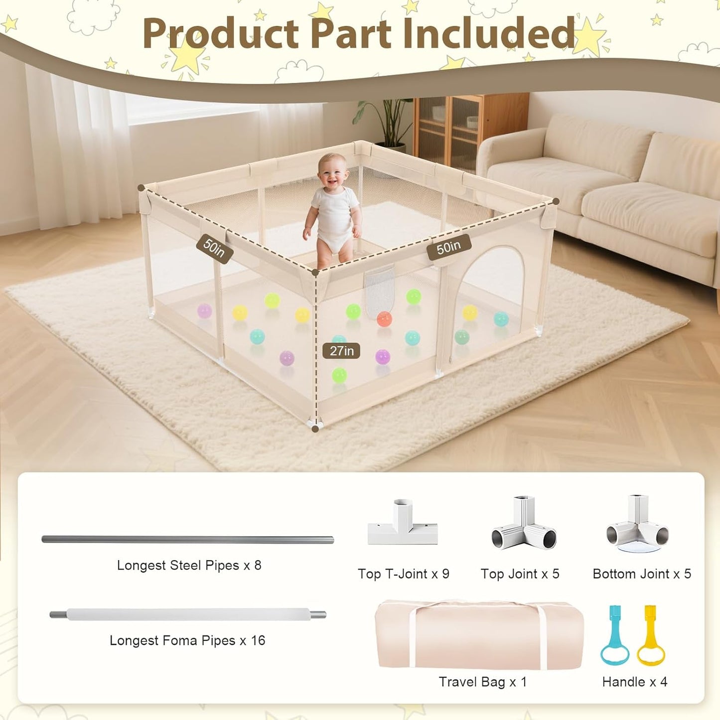 Playpen for Babies and Toddlers 50x50 inch - Baby Gate Playyard with Soft Breathable Mesh Cover - Indoor and Outdoor Baby Play Pen - Portable Playpen for Babies (Apricot)