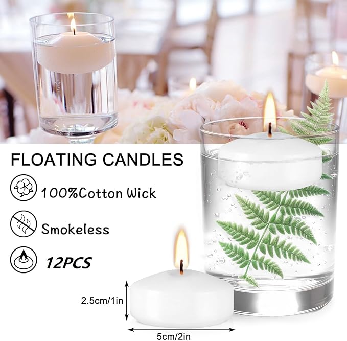 12 pcs Floating Candles, Smoke-Free and odorless, Burning continuously for 5-6 Hours, White, 2-inch Floating Candles, Suitable for Valentine's Day, Weddings, Holidays, Home Decoration