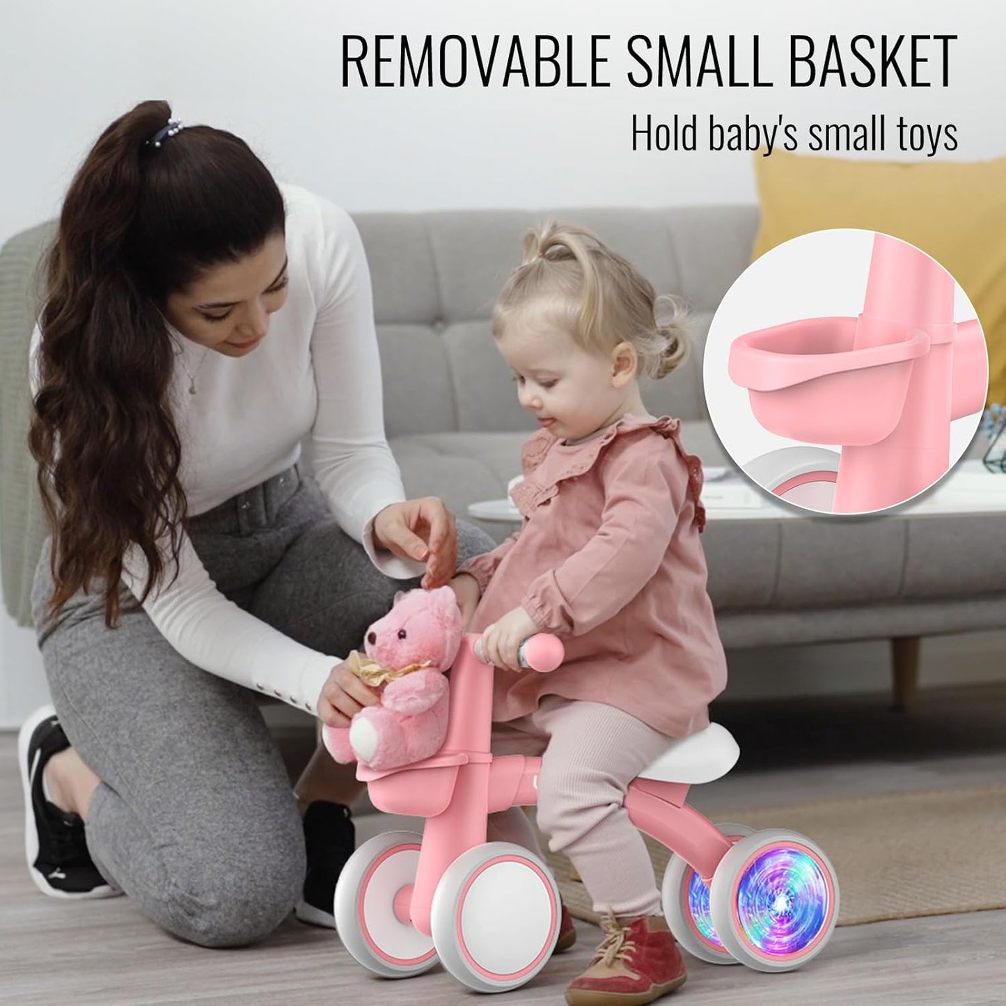 Umatoll Colorful Lighting Baby Balance Bike Toys for 1 Year Old Girls Gifts, Adjustable Seat, 1st Birthday Gifts, 12-24 Months Toddler Bike, Pink