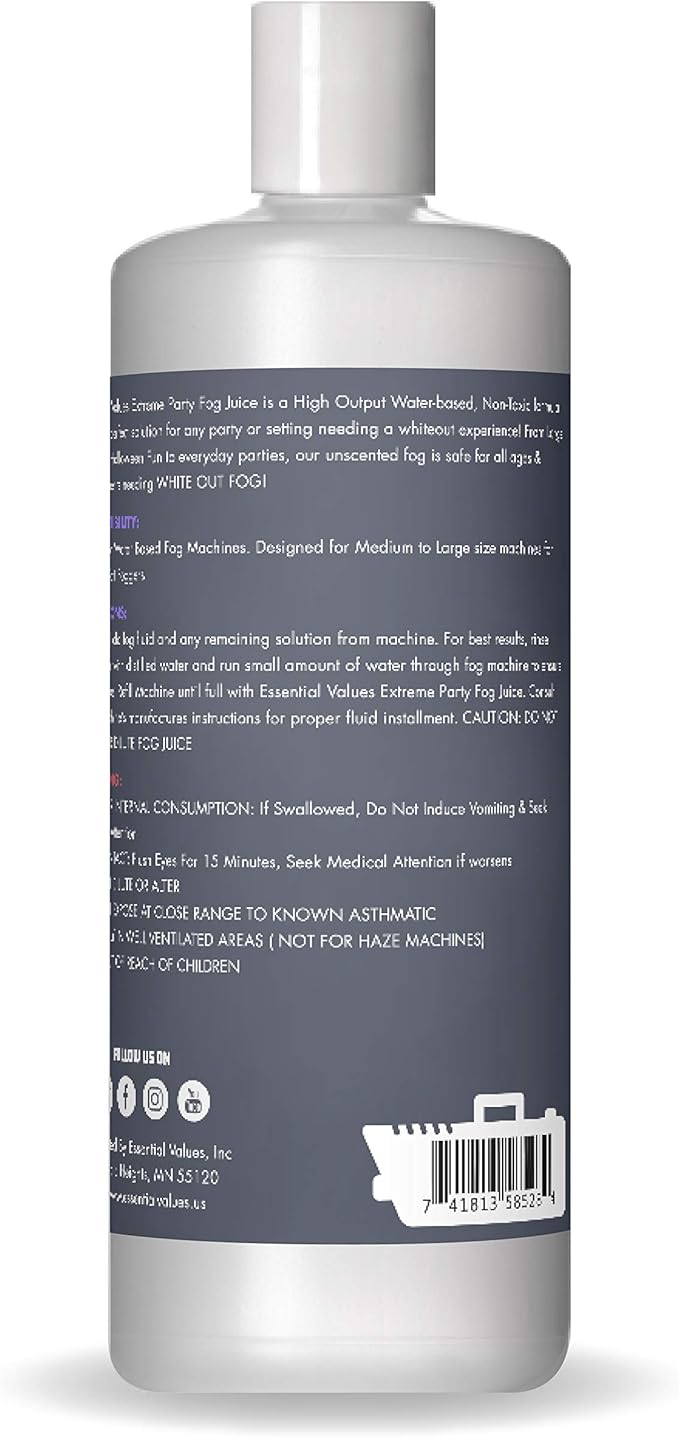 Essential Values Fog Machine Liquid - Long-Lasting Fog Juice for Smoke Machine Extreme High-Density, 32oz/Quart – Manufactured in USA – Water Based Foggers 700+ Watt Machines