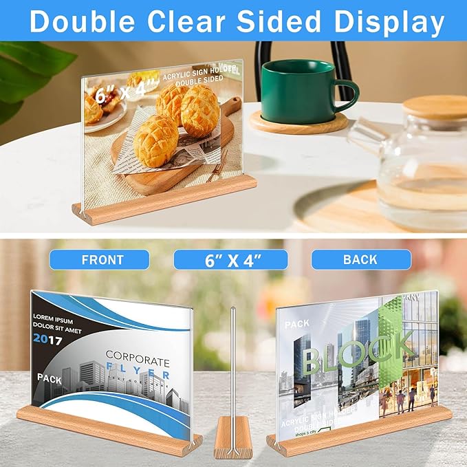 Kersally Acrylic Sign Holder 6 x 4, 3 Pack Double-Sided Clear Table Display Stands with Wood Base,Horizontal Acrylic Frame Menu Flyer Paper Holder for Store, Restaurant, Hotel, Office, Show Fair