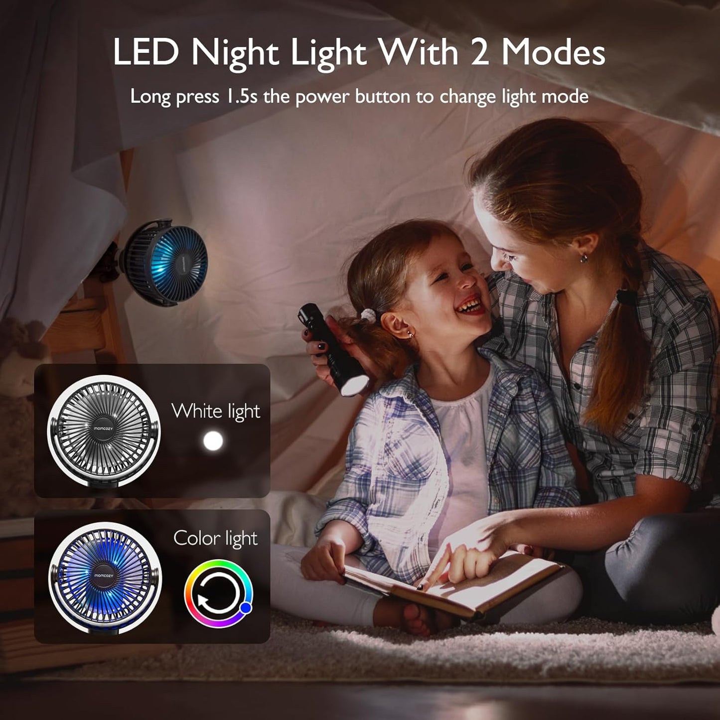 Momcozy Portable Stroller Fan, 8000mAh, 27H Ultra-long Battery Life, Detachable 4 Speed 360°Rotate, LED Night Light with 2 Modes, USB Rechargeable Handheld Cooling Fan for Travel, Car Seat, Bedroom