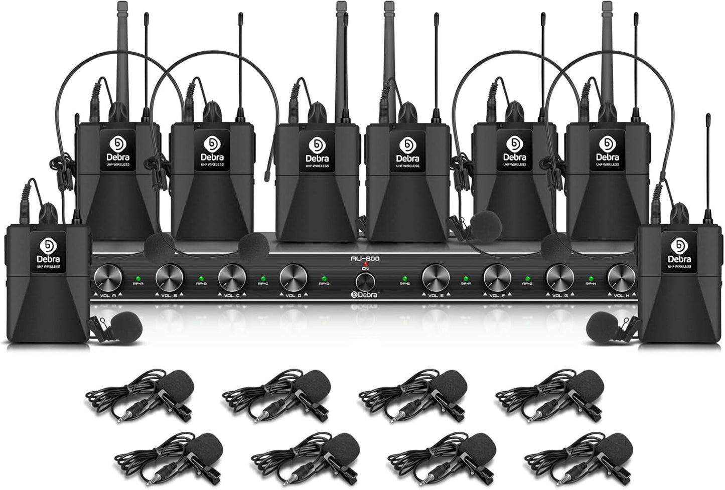 D Debra Audio AU800 Pro UHF 8 Channel Wireless Microphone System with Cordless Handheld Lavalier Headset Mics, Metal Receiver, Ideal for Karaoke Church Party (8 Bodypack)