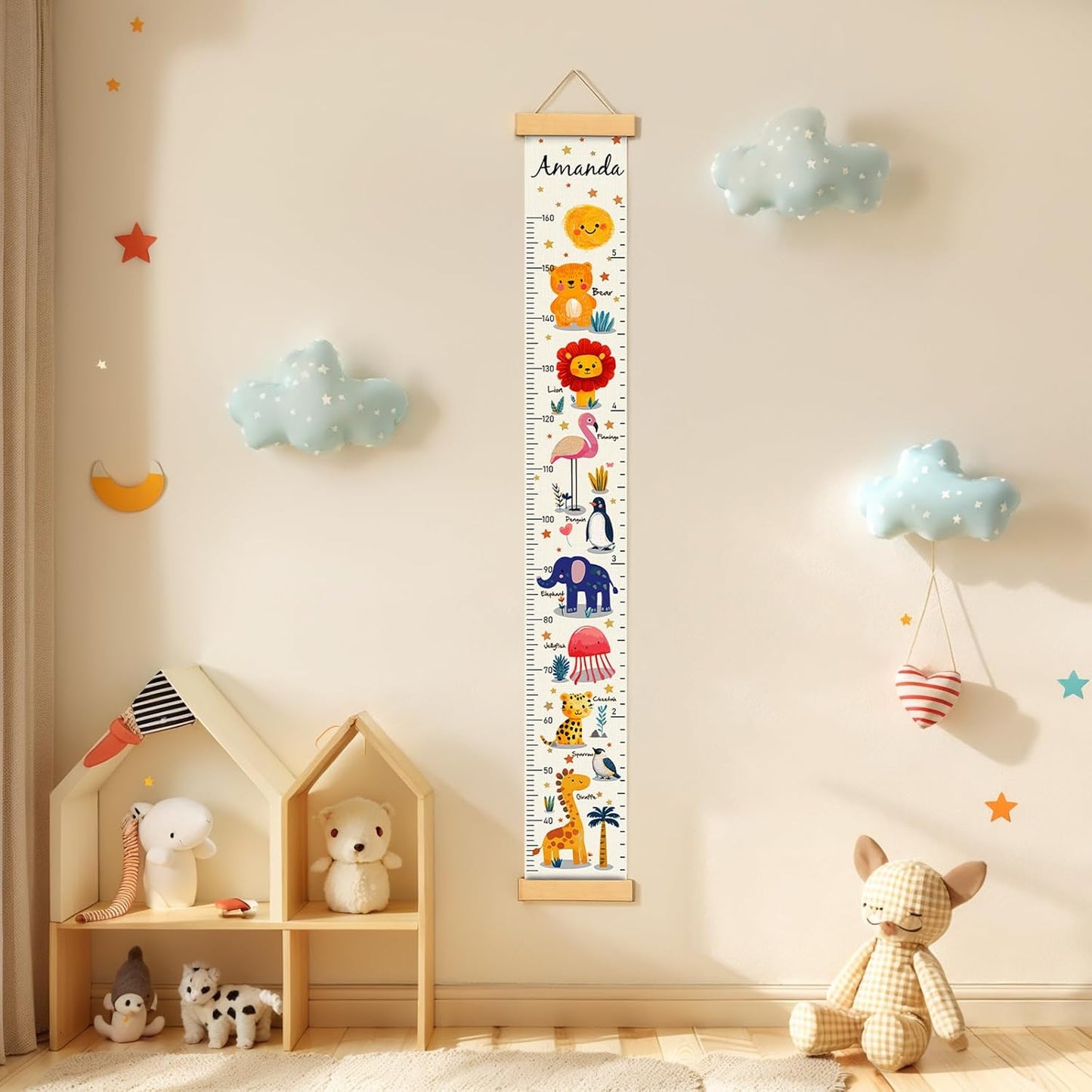Personalized Name Kids Growth Chart, Watercolor Animal Canvas Height Measurement Ruler for Baby, Kids Height Wall Chart for Child's Room Decoration, Waterproof Measuring Wall Ruler