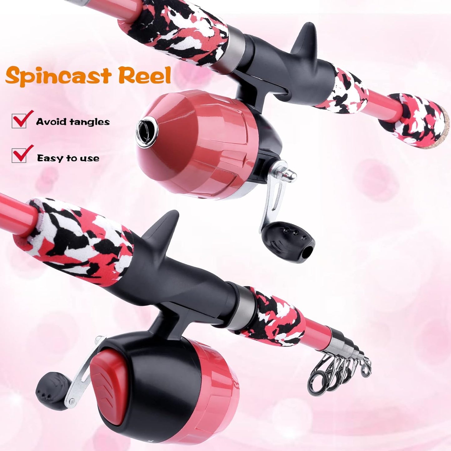 ODDSPRO Kids Fishing Pole Pink, Portable Telescopic Fishing Rod and Reel Combo Kit - with Spincast Fishing Reel Tackle Box for Girls, Youth