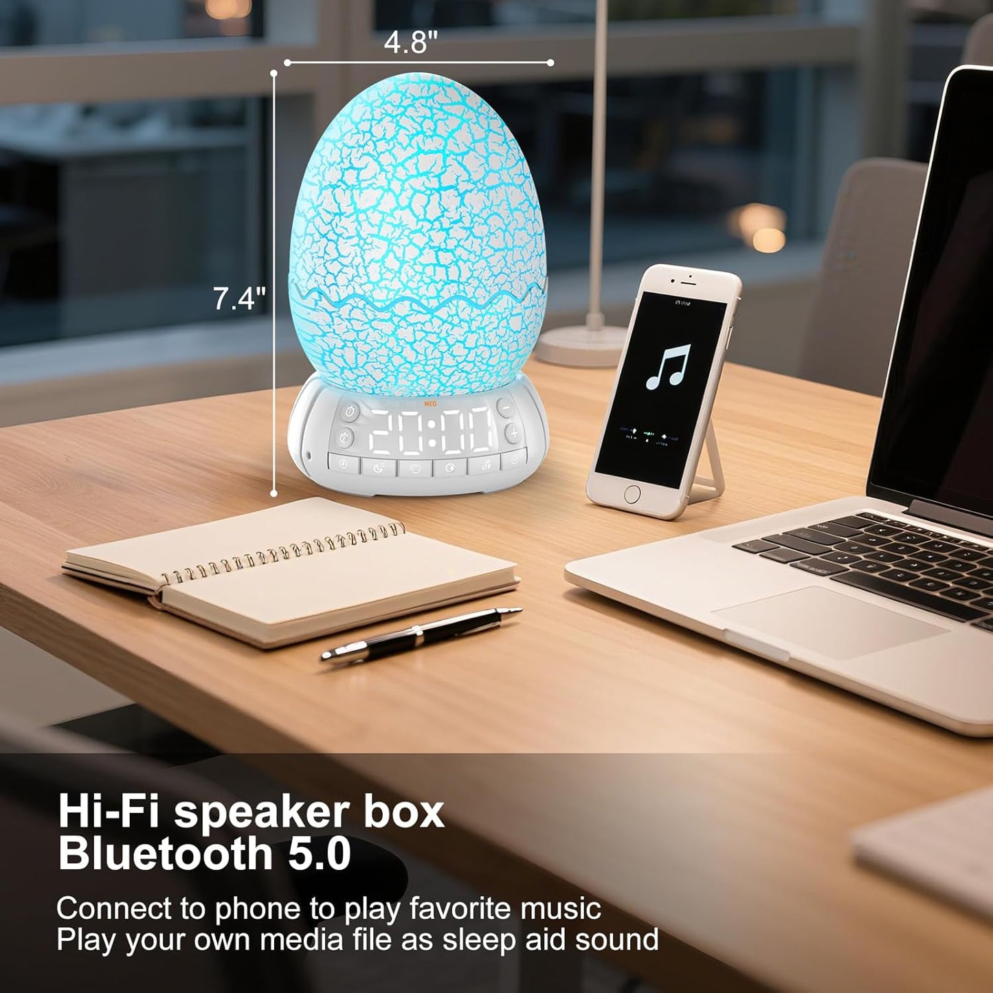 Dragon Egg Alarm Clock with Sunrise Simulation, Wireless Bluetooth Speaker, Portable Touch Control Dragon Egg Night Light, 20 Soothing Sounds, Unique Gift for Kids Adults, Home Desk Decor