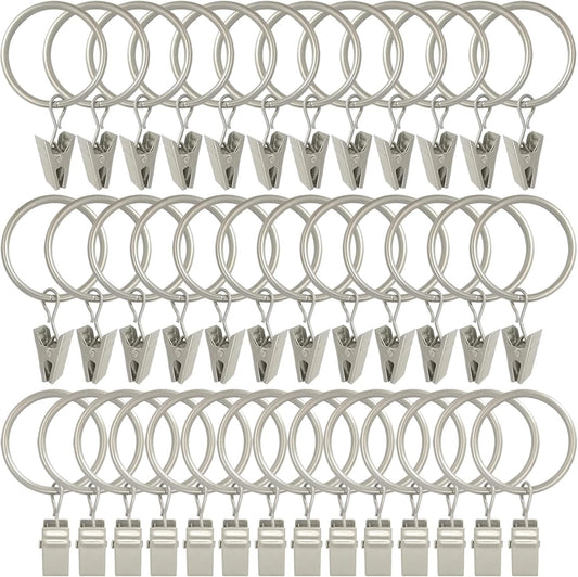 40 Pack Matte Silver Curtain Rings with Clips, Curtain Hooks Hangers Clip Rings for Hanging Drapes Bows Hat, Drapery Rings 1.26 in I D, Fits up to 1 in Diameter Curtain Rod.