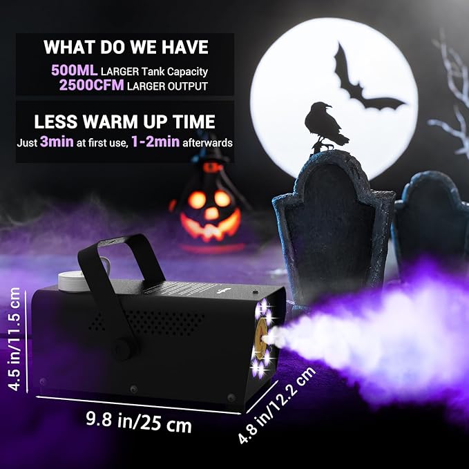 Smoke Machine, Theefun Fog Machine 450w 2500CFM with 9 LED 12 Color Lights Portable 500ml Tank No Liquid Included Stage Smoke Machine Fog Indoor with Wireless Remote Control for Wedding DJ Party