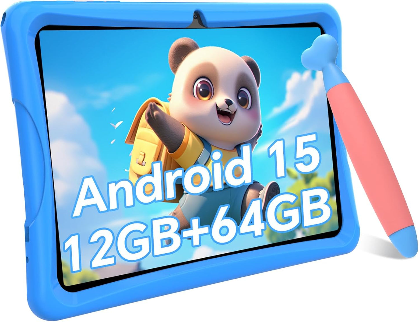 Kids Tablet 10 inch, Android 15 Tablets for Kid, Parental Control, Pre-Installed Kiddos Software & Kids Space, Includes Case & Stylus Pen, 12GB RAM 64GB ROM, 2TB Expand, HD IPS Screen(Blue)