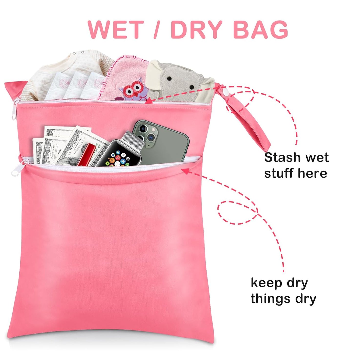 Angel Love 2 Pack Baby Cloth Diaper Wet/Dry Bags with Two Zippered Pockets, Travel, Beach, Pool, Gym Bag for Swimsuits or Wet Clothes, Waterproof Washable Reusable, P0709