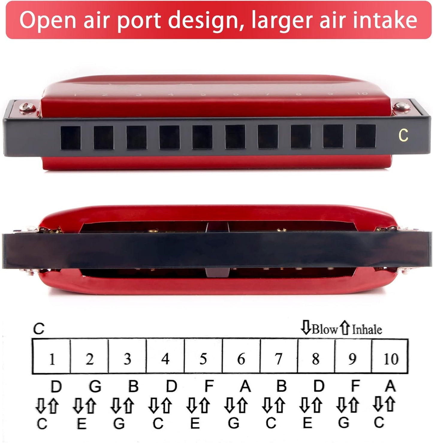 SWAN Blues Harmonica Key of C Mouth Organ Diatonic Harmonica with Case, 10 Hole 20 Tones Stainless Blues Harp for Adults, Beginners(Burgundy Red)