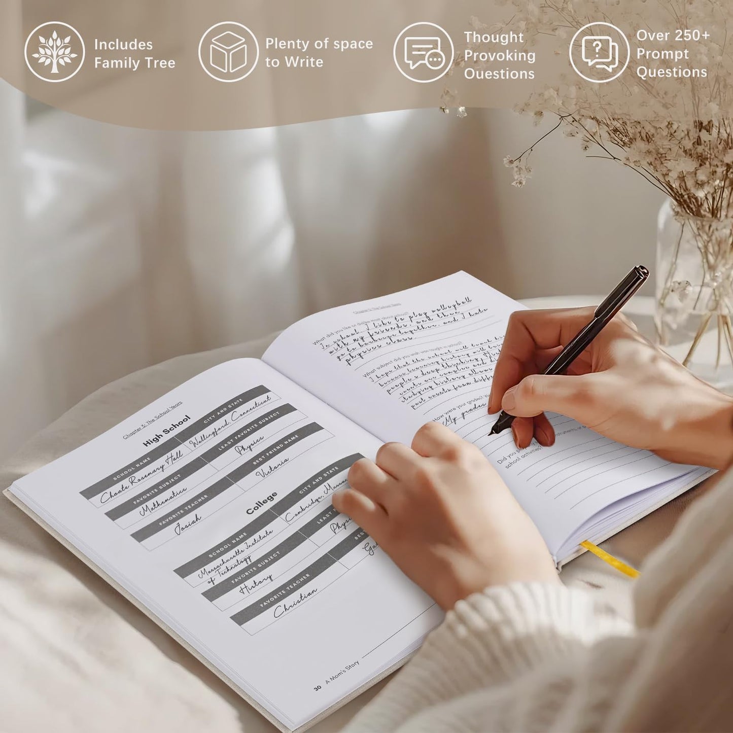 Artmag Mom's Life Story Journal Family Keepsake Book Linen Hardcover for Mom to Share Her Memories, with 250+ Prompt Questions Book Gift for Birthday Mother's Day Christmas (Pink)