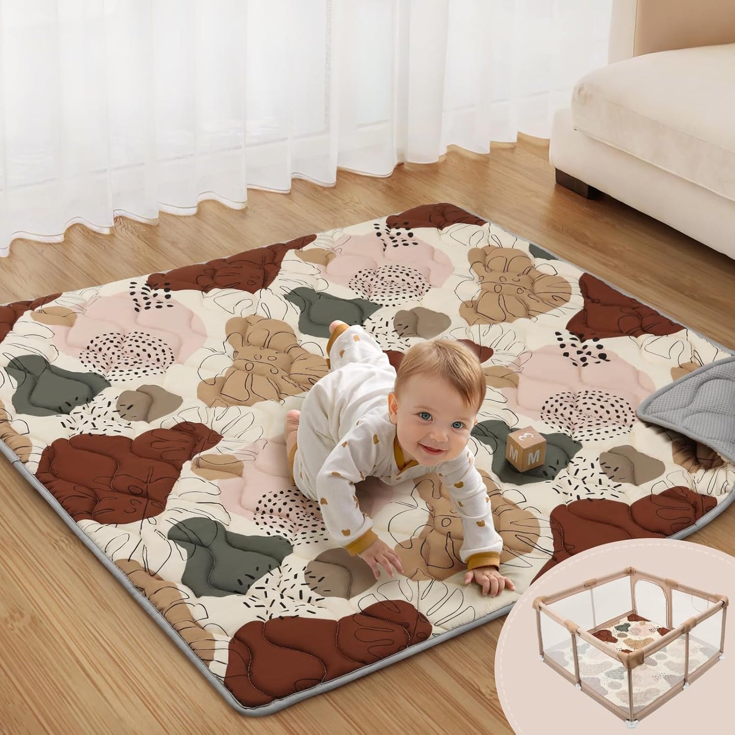 Blissful Diary Baby Play Mats for Floor, 47x47 Playpen Mat, Thicken Cushioning Padding Foam Playmate for Baby and Toddlers Infants, Non-Slip & Machine Washable, Boho Design