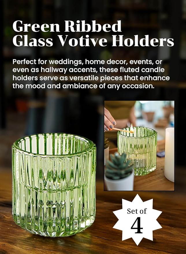 Serene Spaces Living Set of 4 Green Ribbed Glass Votive Holders, Perfect for Weddings and Home Décor, Measures 2.25" Tall and 2" Diameter