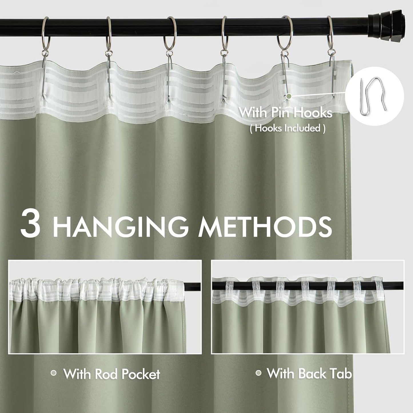 MIULEE Back Tab Sage Green Curtains 120 Inch Long 2 Panels Set for Living Room Bedroom, Rod Pocket/Pinch Pleated Light Blocking Extra Long Thermal Insulated Room Darkening Blackout Curtains/Drapes
