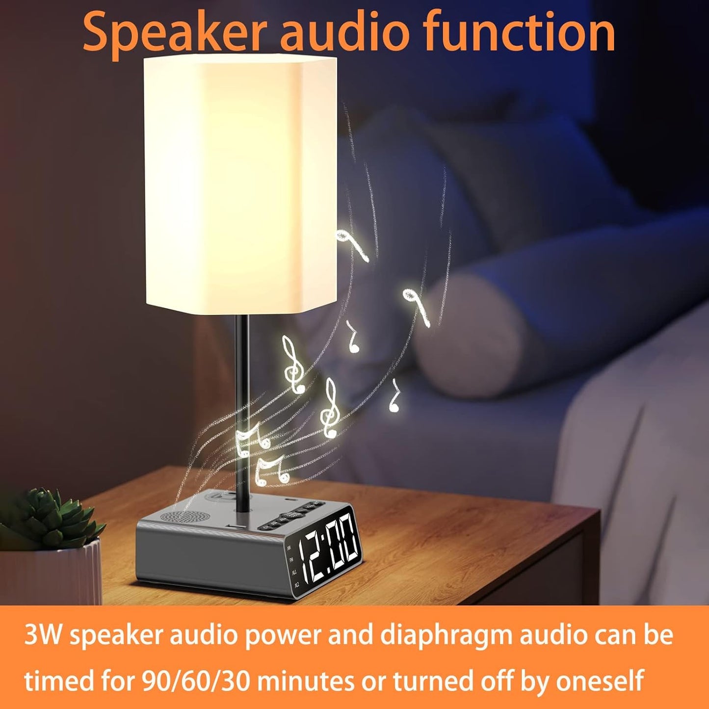 Table Lamp Alarm Clock with USB Ports and AC Outlet, Beside Lamp with Charging Station Speakers and Radio, Power Outlet with Touch Control 3-Way Dimmable Nightstand Lamp for Kids Study Room, Bedroom