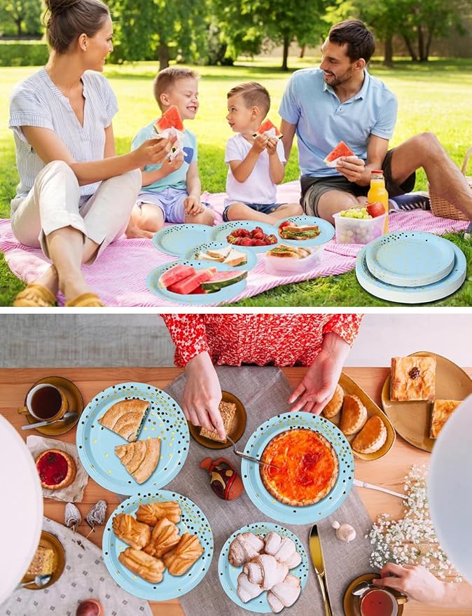 141 Pieces Light Blue and Gold Party Supplies, Party Dinnerware Sets Include Paper Plates Napkins Cups Silverware, for Wedding Bridal Shower Engagement Birthday Parties Decoration -20 Serves