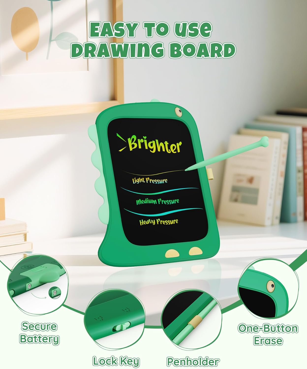 Kikapabi LCD Writing Tablet, Dinosaur Toys Gifts for Boys Age 3 4 5 6 7 Year Old, 8.5inch Colorful Doodle Board Pad for Kids, Birthday Toddler Toy Age 3-7 Portable Travel Drawing Green