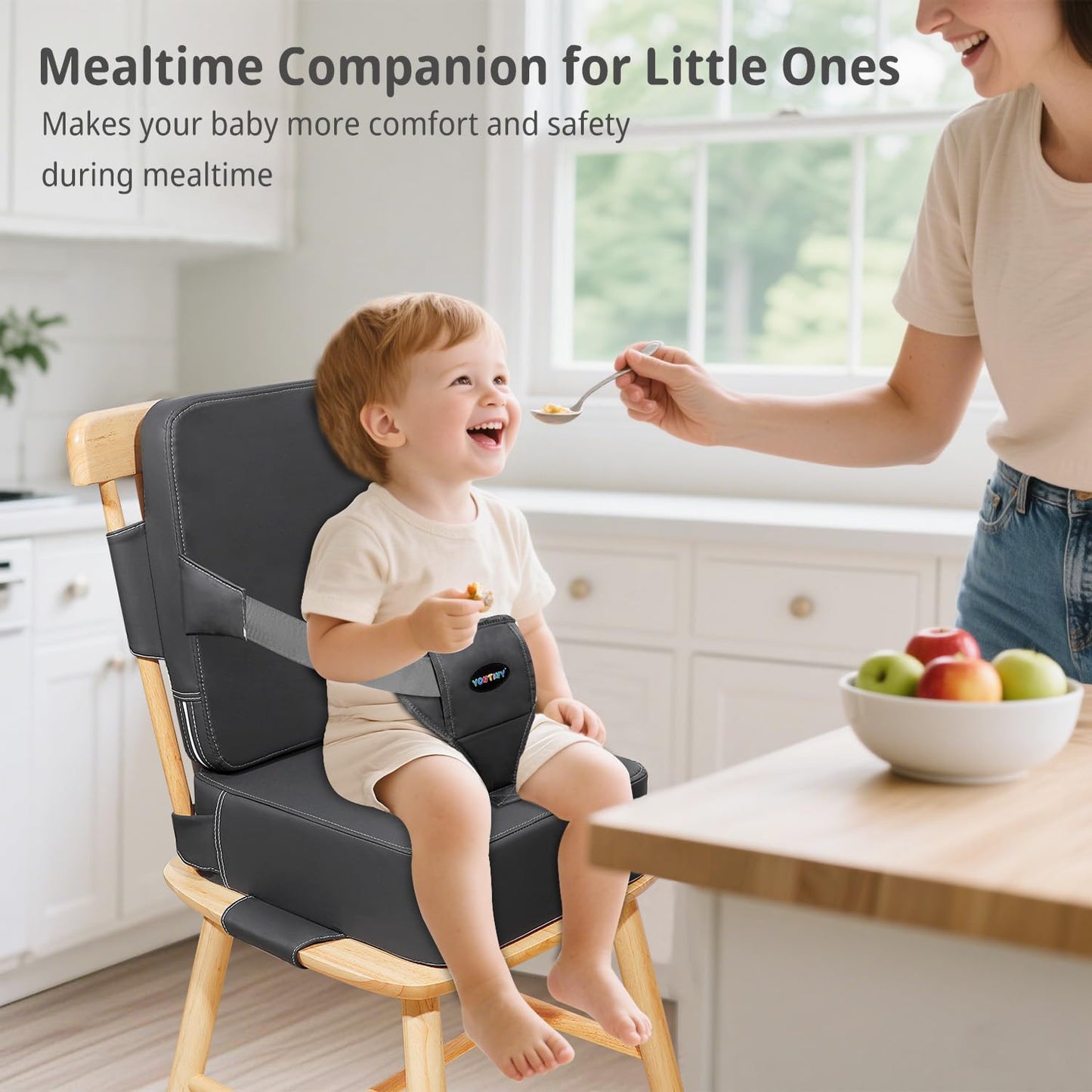 Toddler Booster Seat for Kitchen Chair, 2-in-1 Dining Table Booster Seat with Backrest & Adjustable Straps – Easy-Clean, PU Portable Toddler Eating Travel Increasing Cushion - Dark Grey