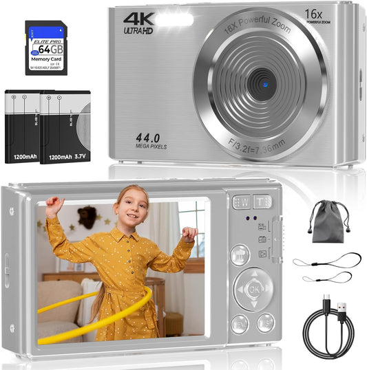 Digital Camera, FHD 4K 44MP Digital Camera, 16X Digital Zoom, Digital Point and Shoot Camera with 3-LED Fill Lights, 64GB SD Card, Compact Camera for Kids Teen Boys Girls, Sliver