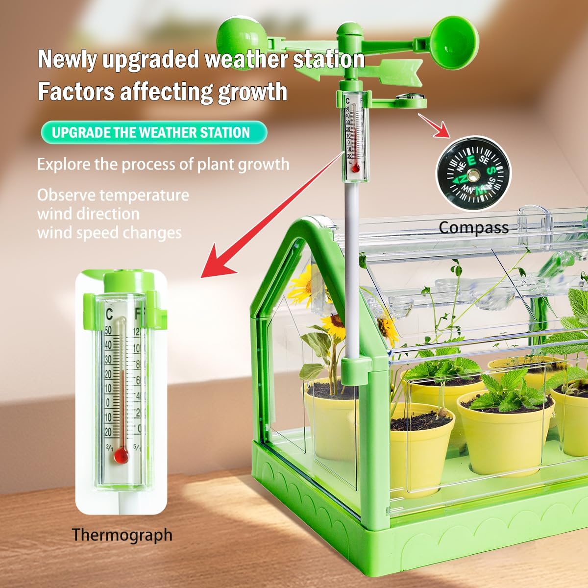 Kids Plant Growing Kit - Kids Greenhouse & Flower Growing Kit with Hydroponic Growing System, Thermometer,Wind Vane & Tools, Educational STEM Plant Growing Set