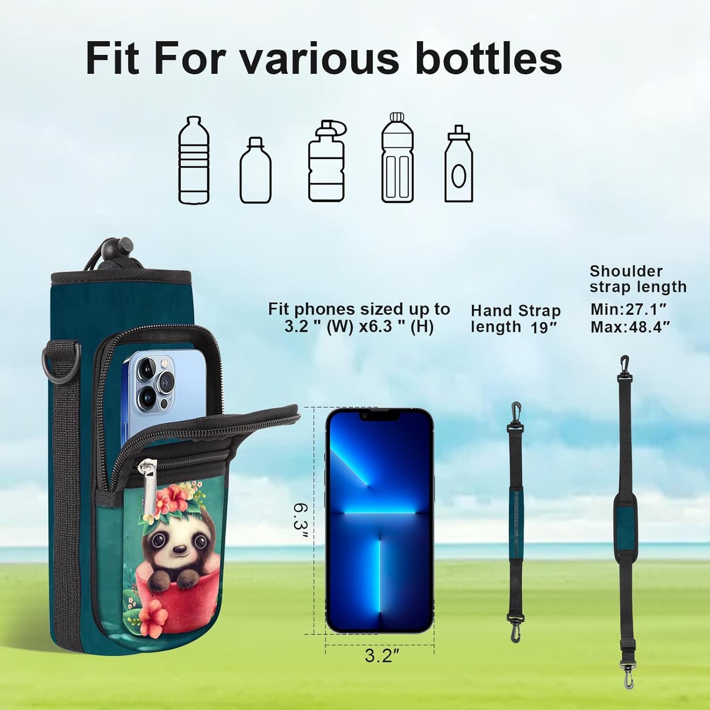 25/32/40/64oz Water Bottle Bag Holder Carrier-Insulated Crossbody Sling Case Sleeve with Strap & Pockets for Men Women Gym Cycling Travel Walking Hiking Camping