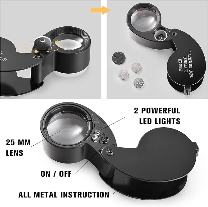 2 Pieces 40X Magnifying Glass, Jewelers Loupe Pocket Folding Magnifier with Light for Watch Coins Stamps Gems Jewelry Diamond Identifying