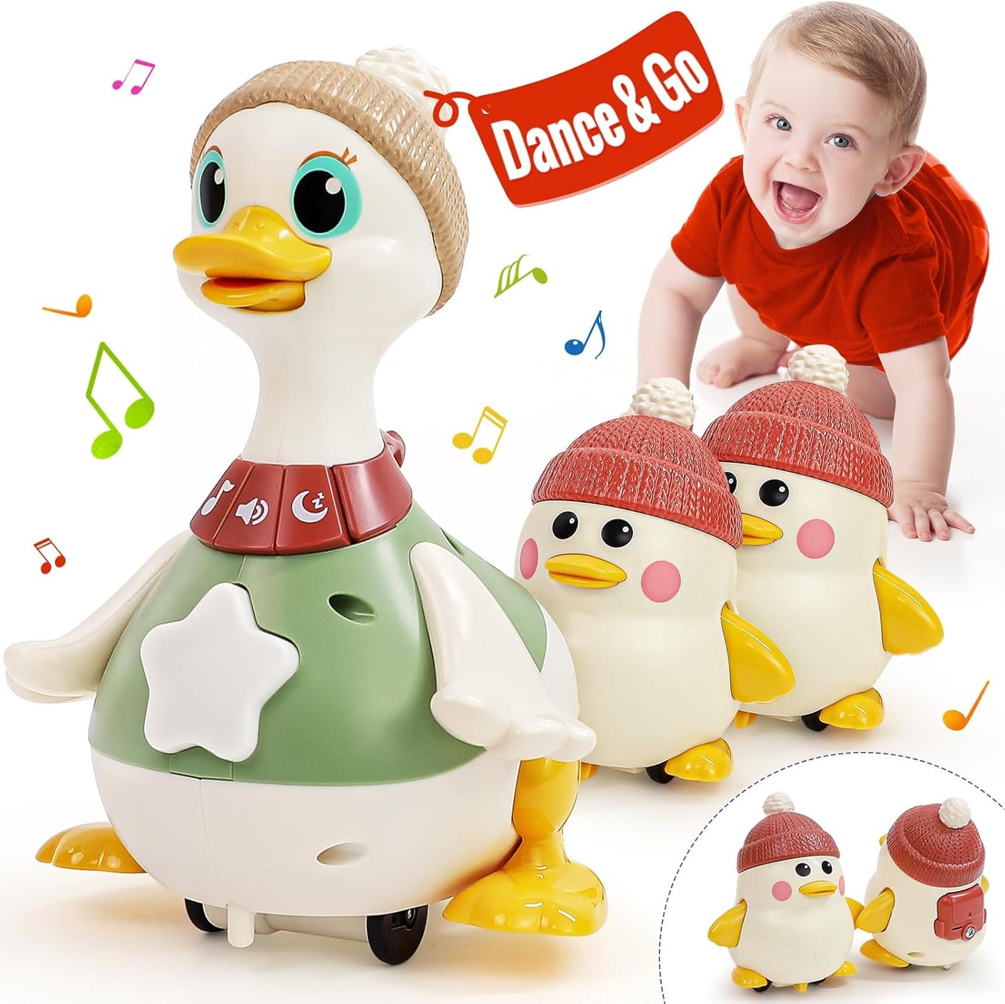 HOLA Baby Toys 6-12 Months Musical Dancing Duck Toy Set with Mama and Babys Tummy Time Toys, Crawling and Interaction Modes 1 Year Old Girl Boy Baby Easter Gifts Stocking Stuffers