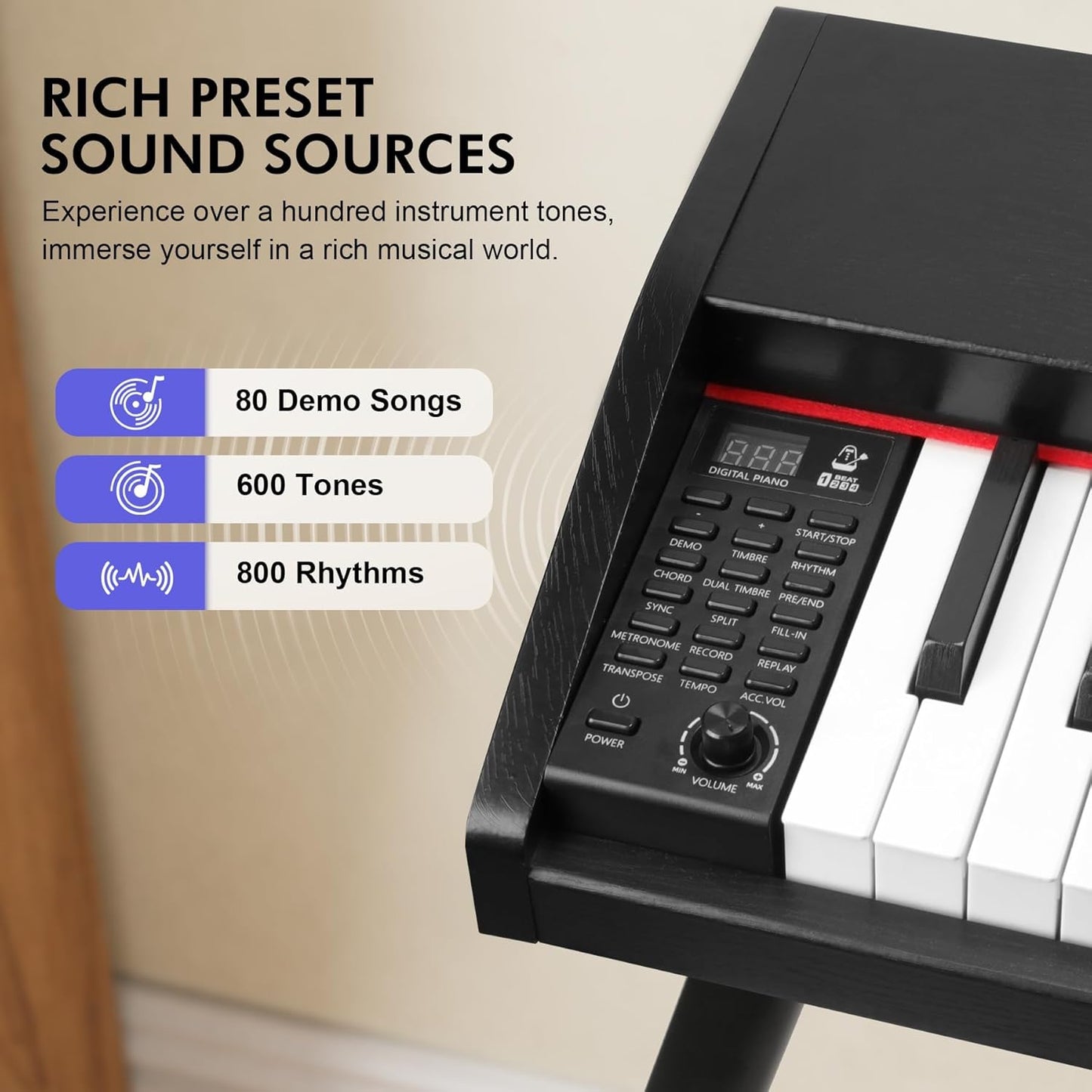 Digital Piano Keyboard for Beginners,Full Size 88 Key Semi-Weighted Keyboard Electric Piano with Stand,Power Adapter,Sheet Music Stand,Pedal,Headphone,USB-MIDI Compatibility,Wood Black