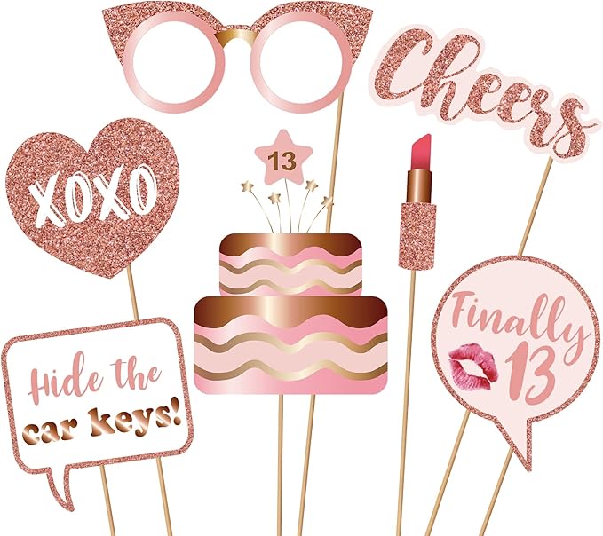 13th Birthday Party Photo Booth Props and Signs, Rose Gold 13 Birthday Party Selfie Props Kit with Sticks for Girls, Thirteen 13th Happy Birthday Party Decorations Supplies Favors