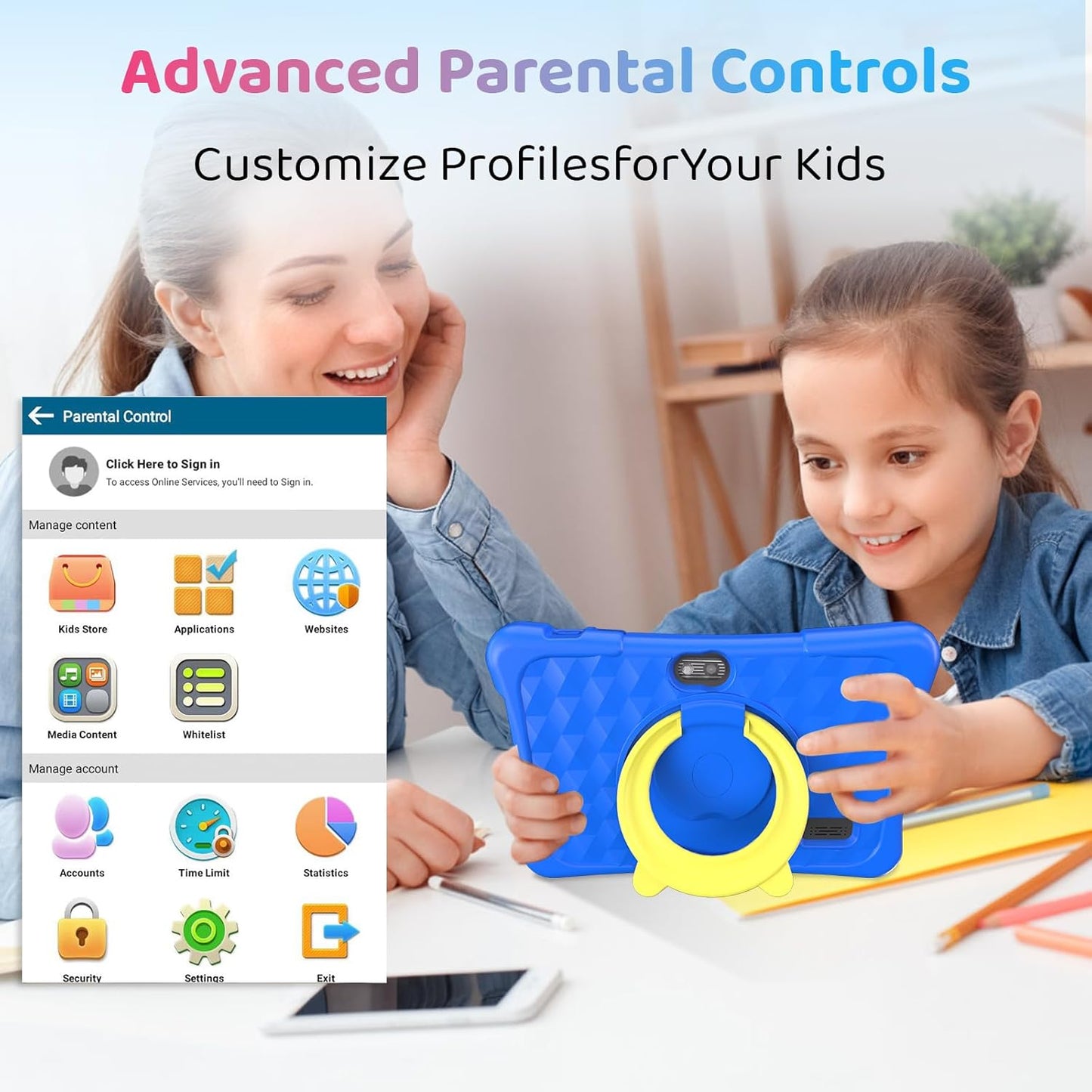 Kids Tablet, 7 inch Android 15 Tablet for Kids, 8GB+32GB 1TB Expand, Quad-Core Toddler Tablets with Shockproof Case, BT5.0, WiFi 5, Parental Control, Games, Dual Camera (Blue)