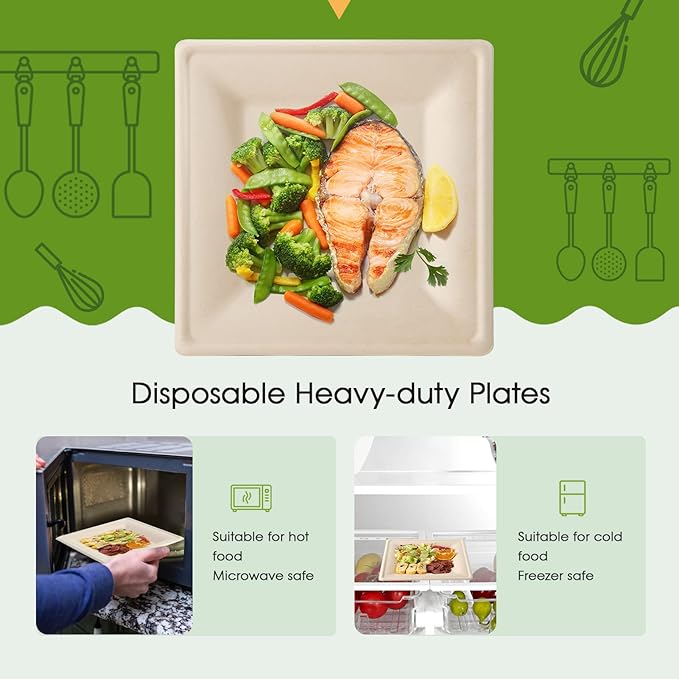 ECOLipak 125 Pack Compostable Square Paper Plates 6 inch Disposable, Eco-friendly Heavy Duty Biodegradable Sugarcane Plates